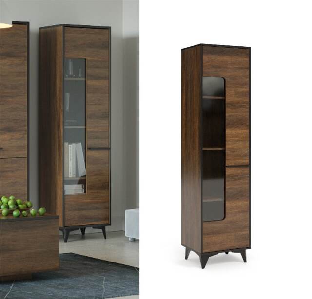 Glass Display Cabinet Tall Slim Shelving Display Unit Mid Century Style Semi Glazed Door Walnut Effect - Frida