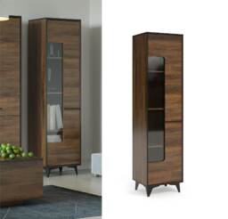 Glass Display Cabinet Tall Slim Shelving Display Unit Mid Century Style Semi Glazed Door Walnut Effect - Frida