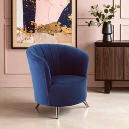 Orsina Blue Tub Chair, Stylish Office Chair, Classy Velvet Chair, Round Velvet Upholstery Chair for Lounge