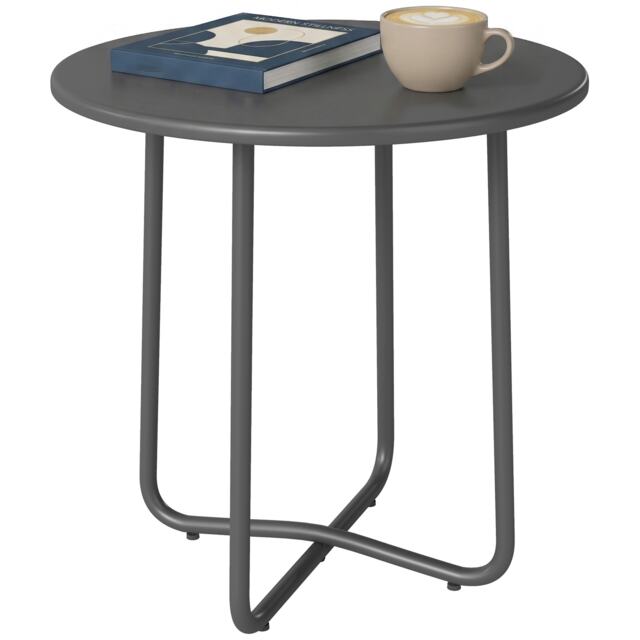 Outsunny Metal Garden Side Table, 48 cm Round Outdoor Table Grey Dark Grey 48 x 48 x 51 cm
