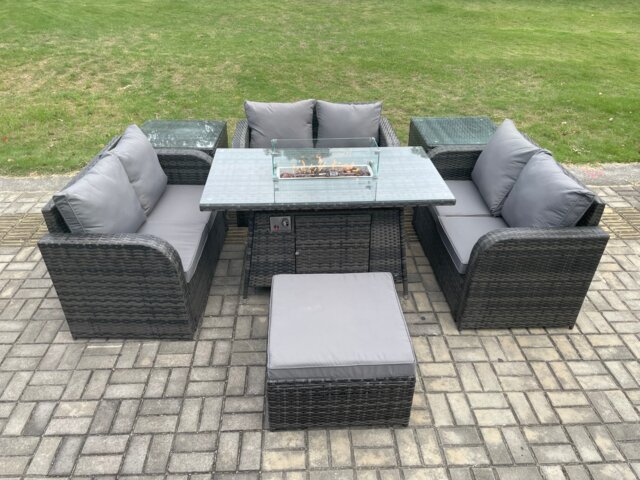 Fimous Rattan Outdoor Garden Furniture Sofa Set Gas Fire Pit Dining Table Gas Heater with 2 Side Tables Love Sofa Big Footstool Dark Grey Mixed