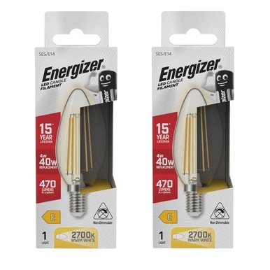Energizer LED Filament Candle E14 470lm 4W 2700K (Warm White) Light Bulb - Pack of 2