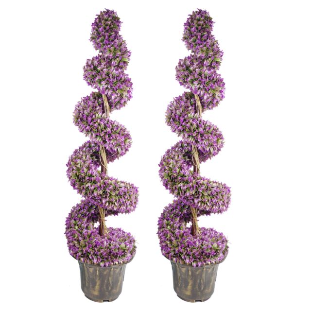 120cm Pair of Purple Large Leaf Spiral Topiary Trees with Decorative Planters Purple 4ft