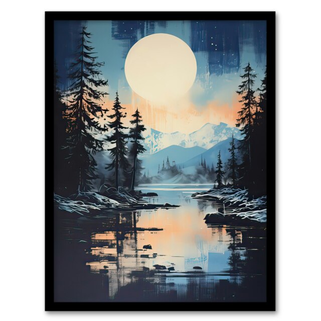 Magical Forest Lake Sunrise Orange Home Decor Black Framed Wall Art Print A4