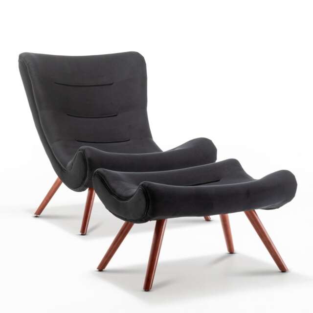 Velvet Black Katia Accent Chair with Footstool