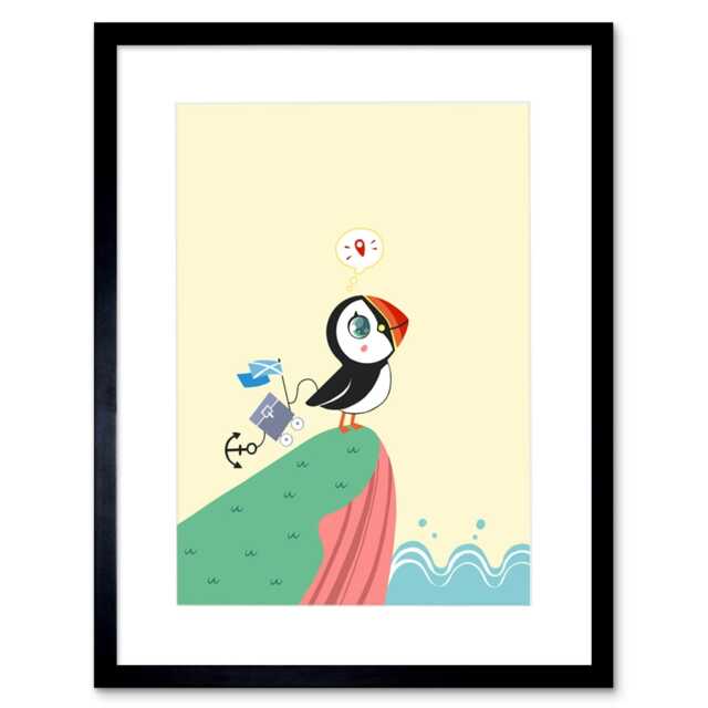 "Puffin Travel Voyage Cartoon Kids Bedroom Nursery 9x7"" Black Framed Wall Art Print"