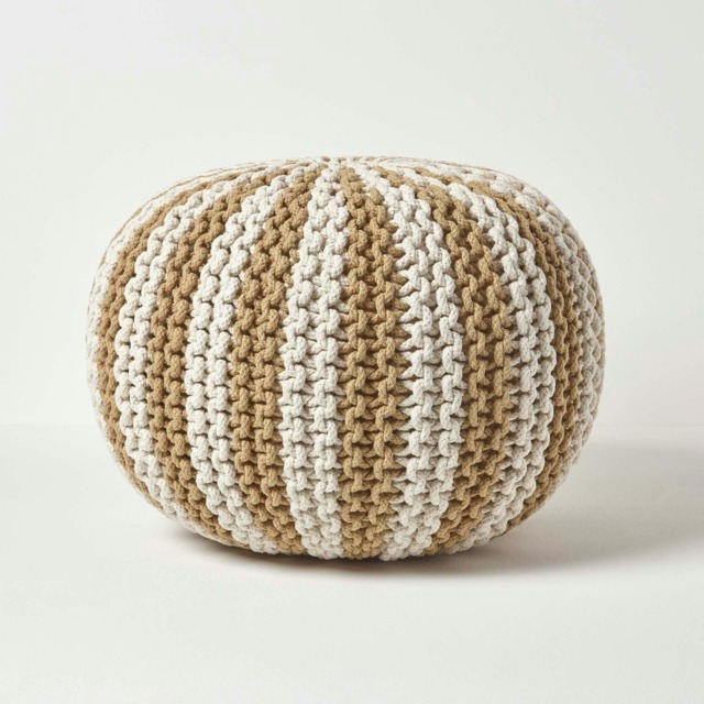 Homescapes Off White and Linen Knitted Pouffe Striped Footstool - 40 x 50 cm