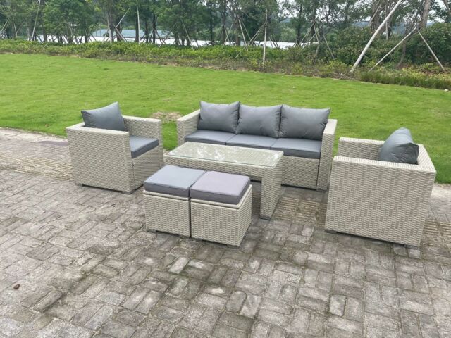 Fimous Wicker Rattan Garden Furniture Sofa Sets Outdoor Patio Coffee Table With Stools light grey