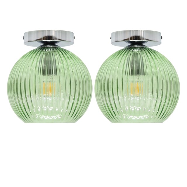 Set of 2 Betchley - Green Ribbed Glass Globe Chrome Ceiling Lights