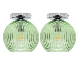Set of 2 Betchley - Green Ribbed Glass Globe Chrome Ceiling Lights
