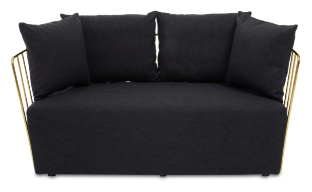 Orsina 2 Seat Black Fabric Sofa, Gold Finish Steel Frame Accent Sofa, Lounge Sofa with 4 Cushions, Wireframe Sofa