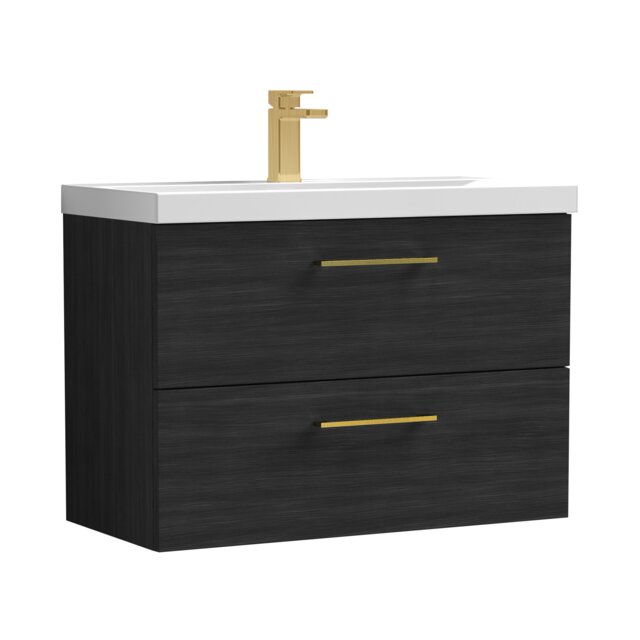 Balterley Wall Hung Bathroom 2 Drawer Vanity Unit and 1 Tap Hole Ceramic Basin, with Handles Black