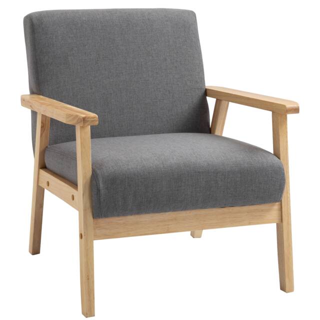 HOMCOM Modern Armchair, Linen Upholstered Sofa with Solid Wood Legs and Wide Seat, Accent Chair for Living Room Bedroom Office, Grey