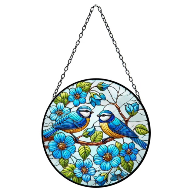Stained Glass Suncatcher Blue Tit Hanging Round Orbit Garden Decoration - 48cm x 23cm