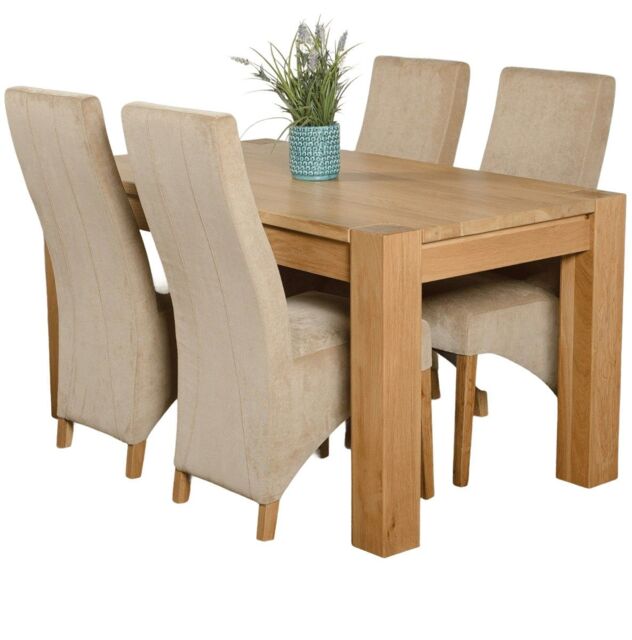 Kuba 150 x 85 cm Chunky Medium Oak Dining Table and 4 Lola Fabric Chairs Brown Beige