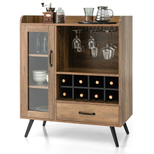 COSTWAY Kitchen Storage Cabinet Wine Cabinet Sideboard Grey