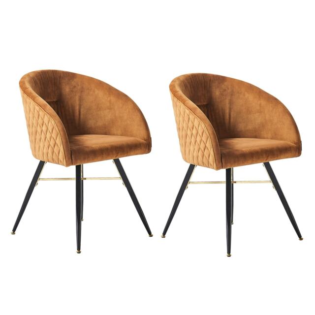 Set of 2 Vittorio Velvet Dining Chairs with Black Metal Legs, Quilted Design Modern Accent Chair Yellow
