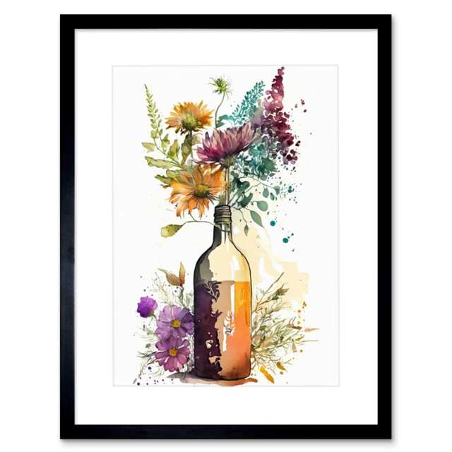 "Spring Wildflower Bouquet a Glass Wine Bottle 9x7"" Black Framed Wall Art Print"