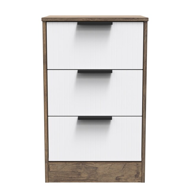 Denver 3 Drawer Bedside Cabinet in White Matt & Vintage Oak (Ready Assembled) White White Matt & Vintage Oak