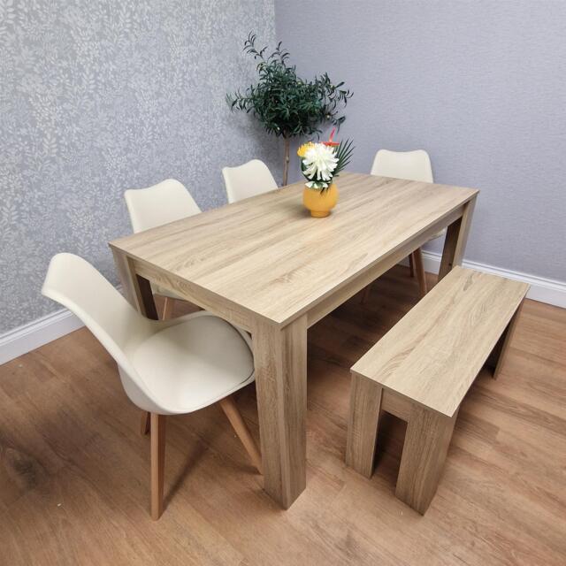 Oak Effect Dining Table Set With 4 Cream Plastic Chairs And Bench Dining Room Furniture