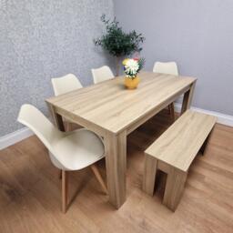 Oak Effect Dining Table Set With 4 Cream Plastic Chairs And Bench Dining Room Furniture
