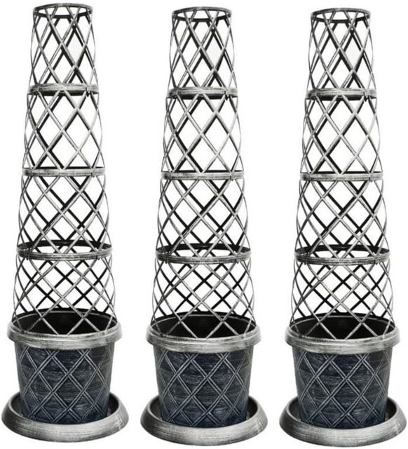 Tower Pot Garden Planter Trellis & Saucer Outdoors Black & Silver x 3 Black