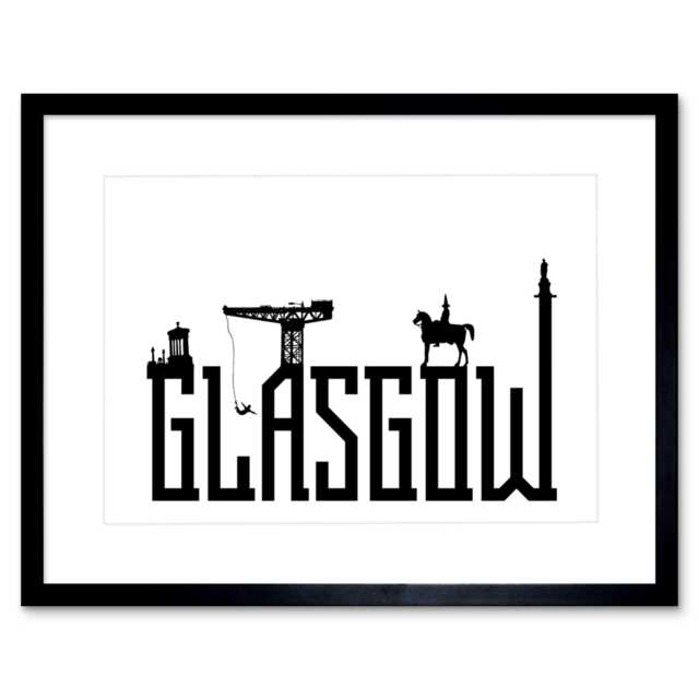 "Glasgow City Scotland Landmarks Silhouettes 12x16"" Framed Wall Art Print"