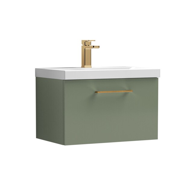 Balterley Wall Hung Bathroom 1 Drawer Vanity Unit and 1 Tap Hole Ceramic Basin, with Handle Green Satin Green