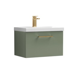 Balterley Wall Hung Bathroom 1 Drawer Vanity Unit and 1 Tap Hole Ceramic Basin, with Handle Green Satin Green