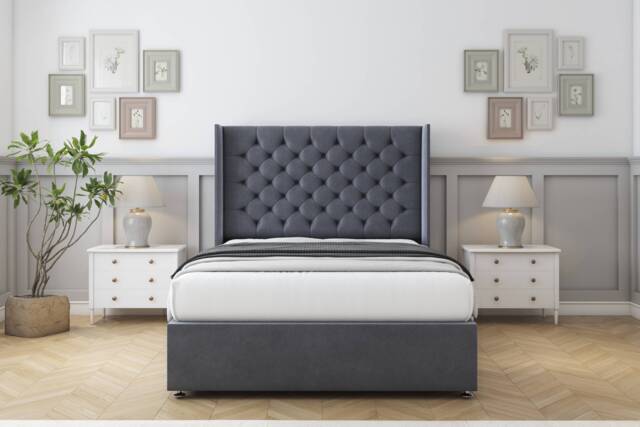 "Sloomy Dior Steel Plush Divan Bed With Mattress 2 Drawers Footend With 54"" Wingback Headboard 4'6 Double Grey Steel Double 1"