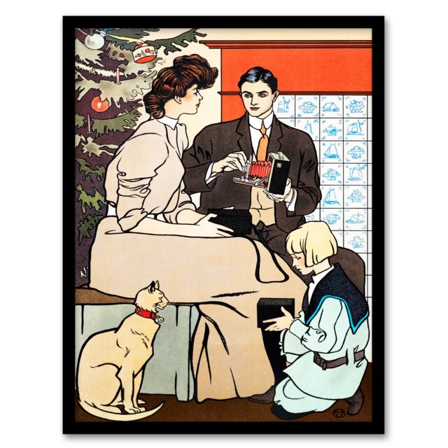 Edward Penfield Framed Wall Art Print Vintage Christmas Family Scene Home Décor