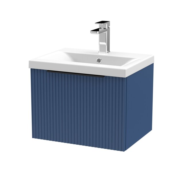 Balterley Fluted Front Wall Hung Single Drawer Bathroom Vanity Unit with 1 Tap Hole Ceramic Basin, Handles Blue Satin Blue