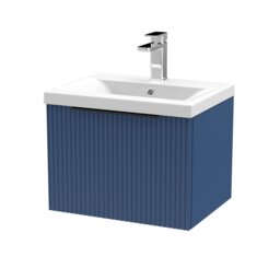 Balterley Fluted Front Wall Hung Single Drawer Bathroom Vanity Unit with 1 Tap Hole Ceramic Basin, Handles Blue Satin Blue