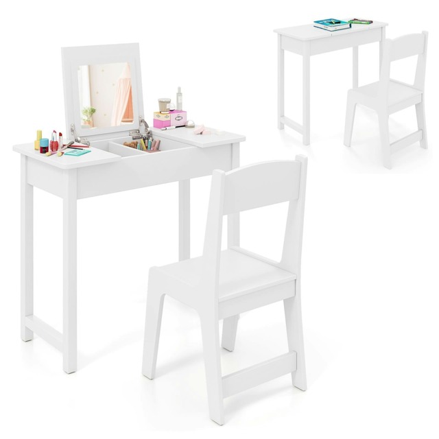 COSTWAY Kids Vanity Set 2 in 1 Vanity Table & Chair Set White