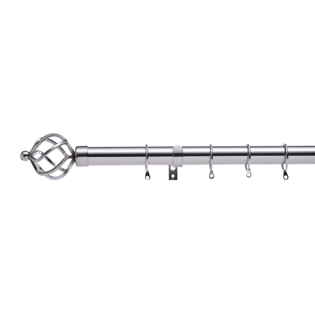 Lister Cartwright 28mm Polished Steel Fixed Metal Curtain Pole Set Rings with Cage Finial Easy fit (150 cm)