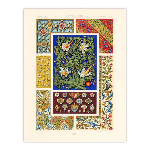 "Floral Middle Ages Patterns Racinet Vintage Wall Art Poster Print 12X16"""