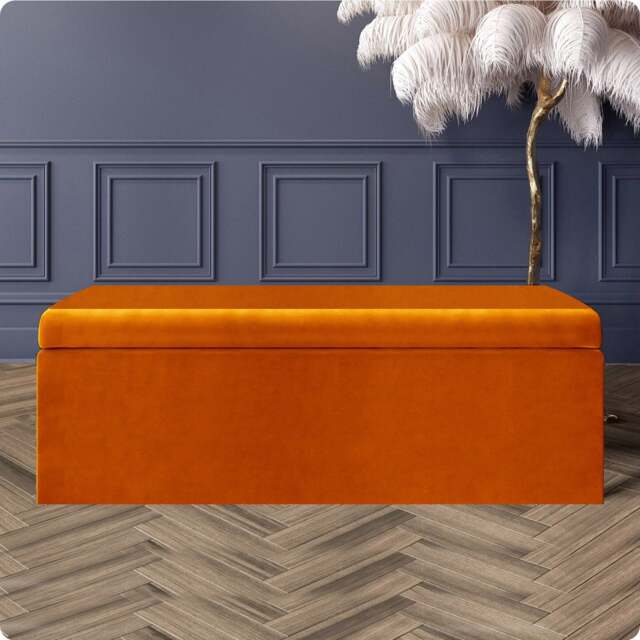 150cm Large Plain Safar Storage Ottoman Box, Burnt Orange Plush Velvet Upholstered Deep Storage Ottoman End of Bed Bench