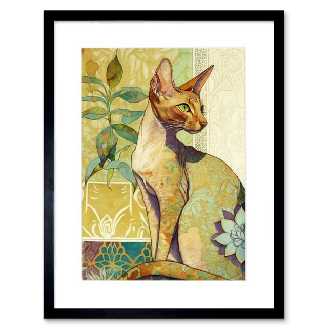 "Oriental Shorthair Cat Art Nouveau Botanical Patterns 9x7"" Black Framed Wall Art Print"