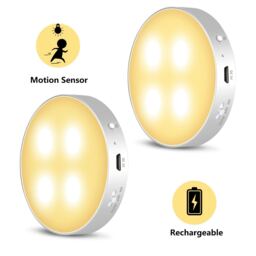 Indoor Warm White LED Motion Sensor Lights Twin Pack - Rechargeable Night LED Lamp Lights - Magnetic & Adhesive Pads - Daffodil LEC022