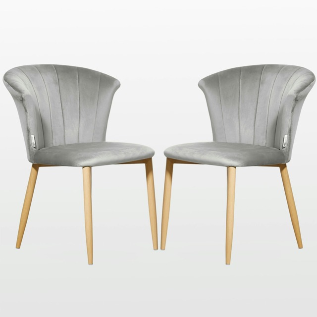 Set of 2 Elsa Velvet Dining Chairs with Wooden Legs, Curved Back & Comfortable Seating Grey