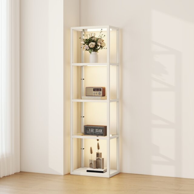 HOMCOM LED Floor Lamp with Glass Shelves, Dimmable Room Lamp, Bleached Oak Brown