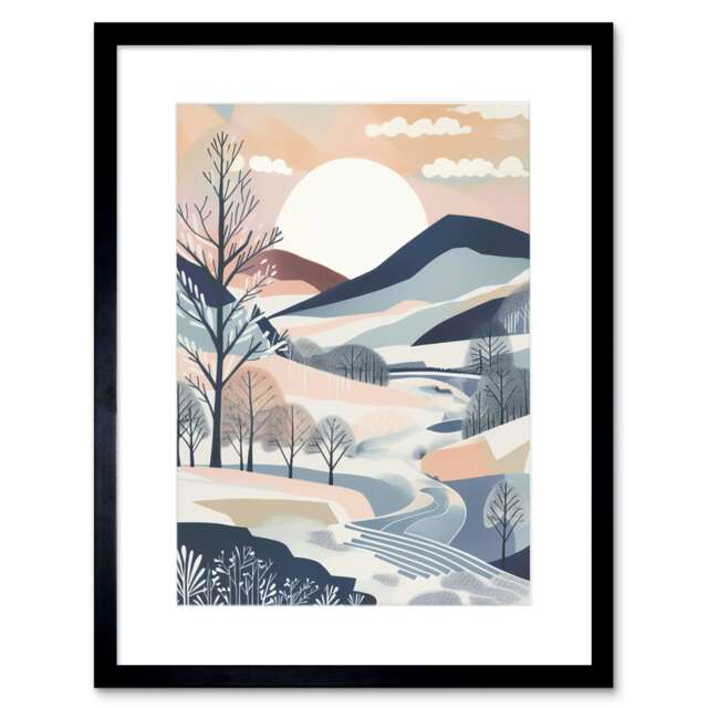 "Countryside Path Boho Hill Winter Landscape 9x7"" Black Framed Wall Art Print"