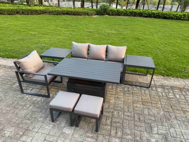 Fimous Aluminum Outdoor Dining Set Patio Dining Furniture Set Includes Adjustable Rising Lifting Dining Table Chairs with 2 Small Footstools 2 Side Tables