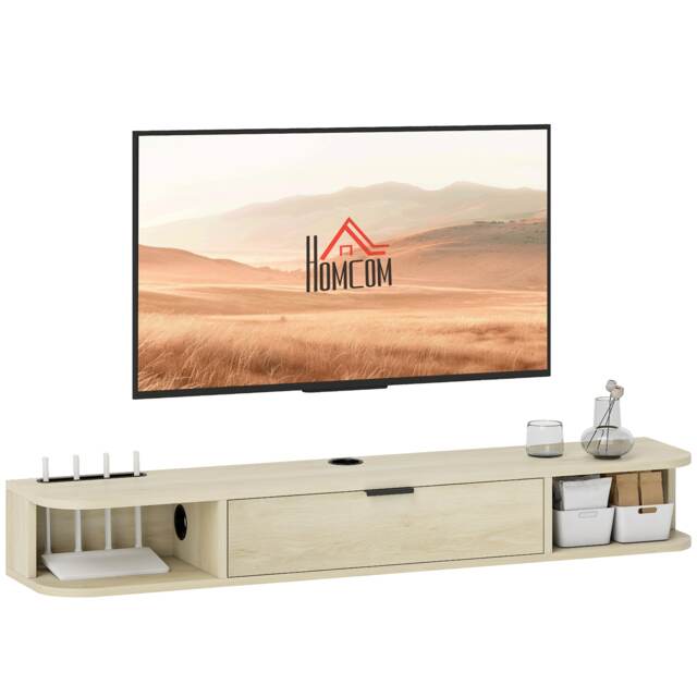 HOMCOM 120 cm Floating TV Unit, Wall Mounted TV Stand Cabinet with Flip Drawer, 2 Open Shelves and Cable Management, Modern Media Console for Living Room, Holds Television up to 50 Inch, Natural