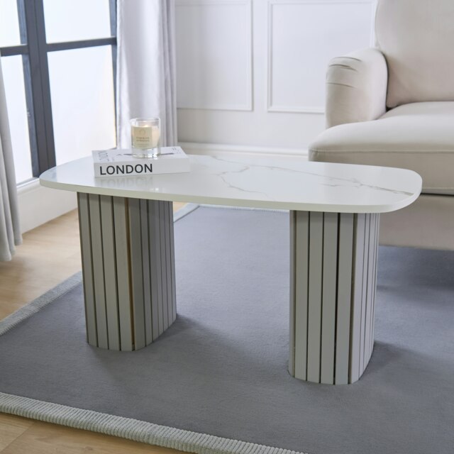 OHS Ribbed Curved Home Furniture Living Room Decor Coffee Table White White Marble