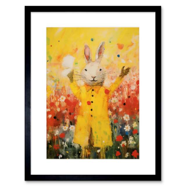 "Rabbit a Yellow Rain Mac Kids Bedroom Nursery 9x7"" Black Framed Wall Art Print"