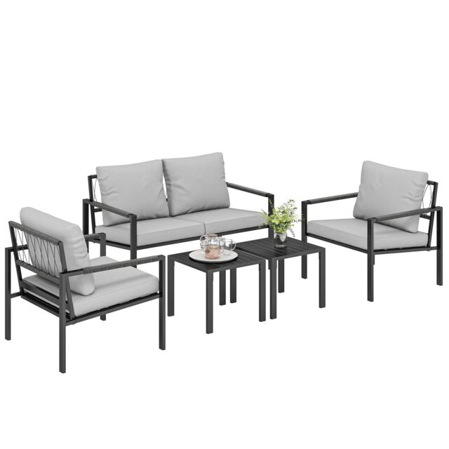 Outsunny 5 Piece Metal Garden Furniture Sofa Set with Cushions, Light Grey Grey Light Grey