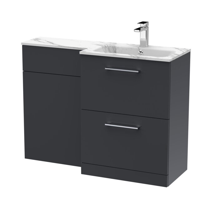 Balterley Bramshall Contemporary Floor Standing 2 Drawer Vanity Basin WC Combination Unit, Carrera Marble Stone Basin, Right Hand, 1100mm, Satin Dark