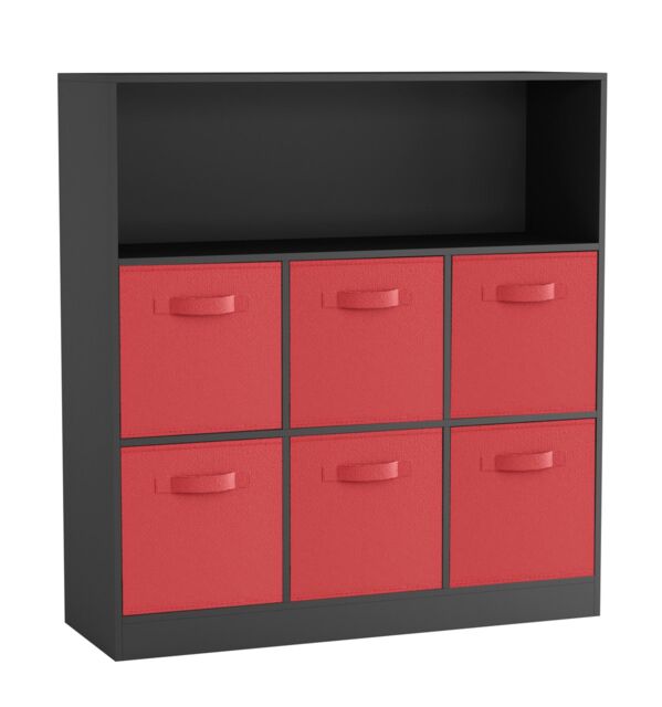 Wide 7-Cube Bookcase With Drawers Black Black & Red 1