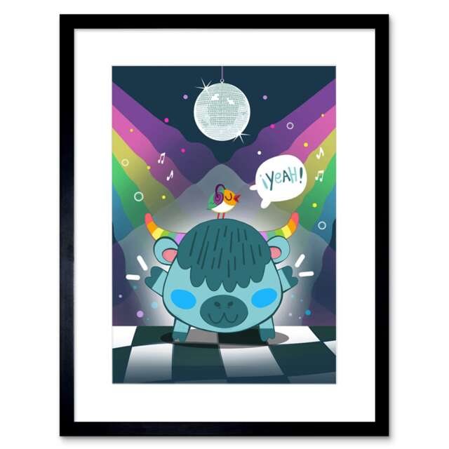 "Cute Cartoon Cow Bird Rainbow Disco Party Kids Bedroom 9x7"" Black Framed Wall Art Print"
